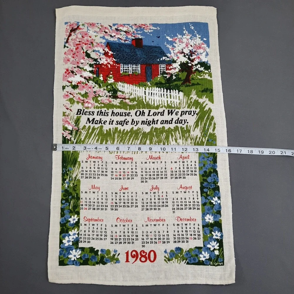 Vintage Linen Calendar Kitchen Towel Bless This House Cottage Floral Trees 1980